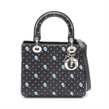 Christian Dior LADY DIOR Shoulder Tote Handbag leather Black White Blue Used
