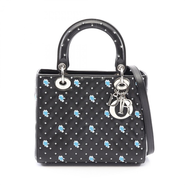 Christian Dior LADY DIOR Shoulder Tote Handbag leather Black White Blue Used
