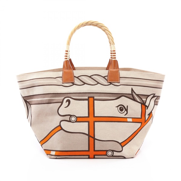 HERMES Steeple 31 Tote Bag 063088CAAA canvas leather Straw Beige Fauve Used Q
