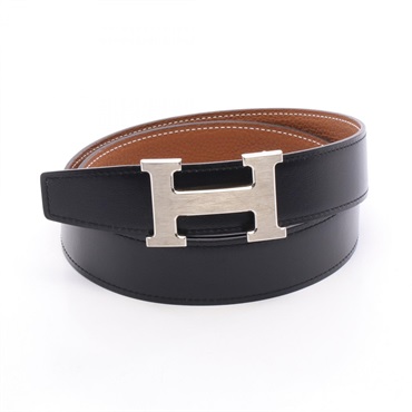 HERMES Constance H Reversible Belt Box calf Togo leather Black Gold Used #85