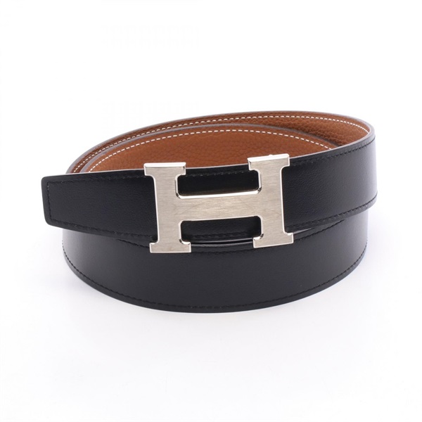 HERMES Constance H Reversible Belt Box calf Togo leather Black Gold Used #85