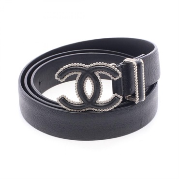 CHANEL COCO Mark Rhinestone Belt Ceinture #85/34 leather Black Used Women CC
