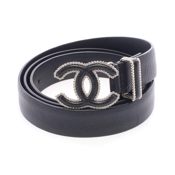 CHANEL COCO Mark Rhinestone Belt Ceinture #85/34 leather Black Used Women CC
