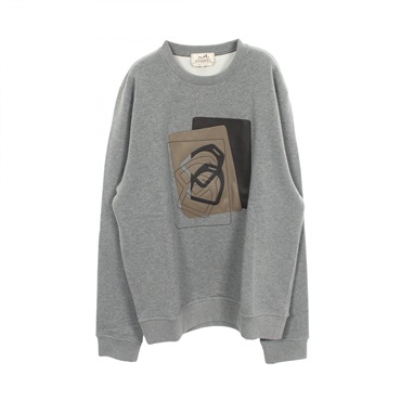 HERMES Leather patch Sweatshirt Long sleeves Top cotton Gray Used mens size M