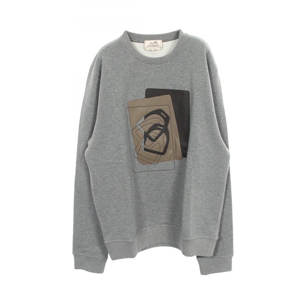 HERMES Leather patch Sweatshirt Long sleeves Top cotton Gray Used mens size M