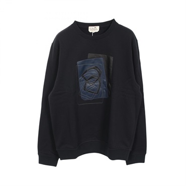 HERMES Leather patch Sweatshirt Long sleeves cotton Navy Used mens size L