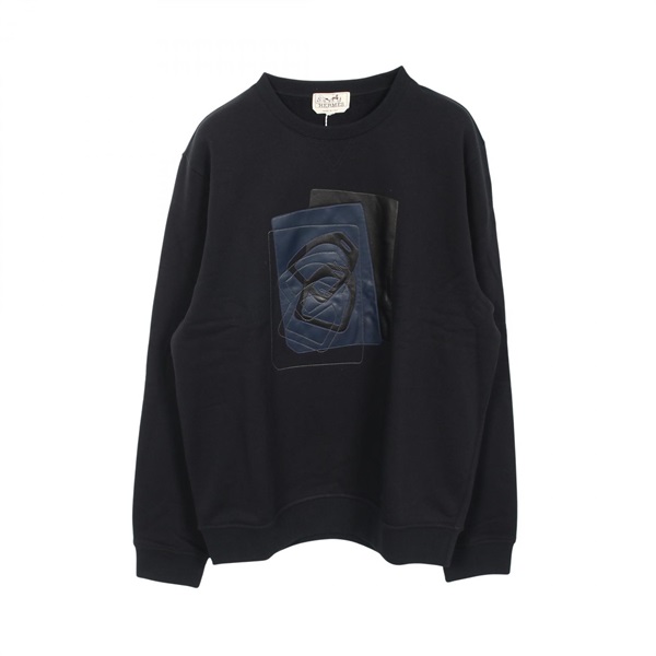 HERMES Leather patch Sweatshirt Long sleeves cotton Navy Used mens size L