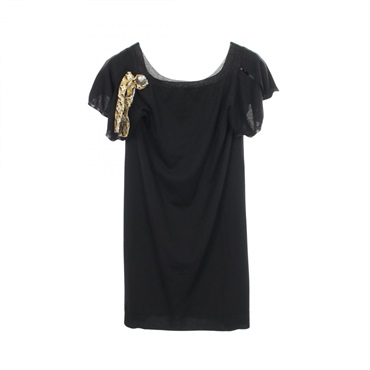 LOUIS VUITTON Short sleeved Mini Dress with Scarf Brooch Black Used Women size S