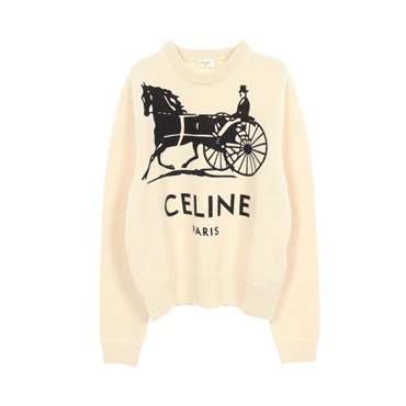 CELINE logo Crew neck Knitwear RY0SV126101W1L cashmere Beige Black Preowned #L