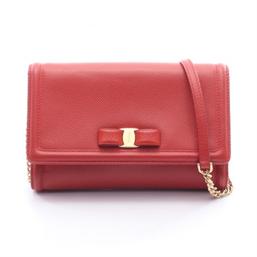 Salvatore Ferragamo Vara Ribbon Chain Shoulder Crossbody Bag leather Red Used