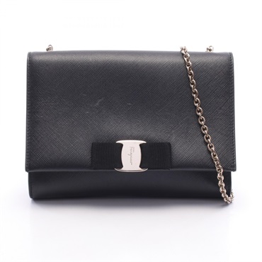 Salvatore Ferragamo Vara ribbon Chain Shoulder Crossbody Bag leather Black Used
