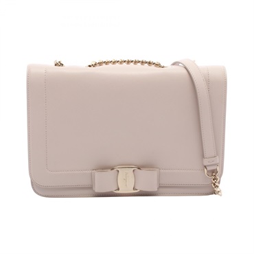Salvatore Ferragamo Vara Ribbon Chain Shoulder Handbag leather Beige Used Women