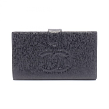CHANEL COCO Mark Bifold long purse wallet Calfskin leather Black Used Women GHW