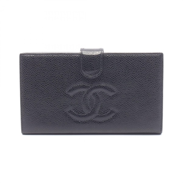 CHANEL COCO Mark Bifold long purse wallet Calfskin leather Black Used Women GHW