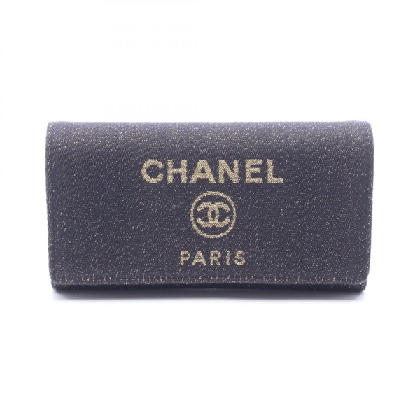 CHANEL Deauville Long Flap Wallet glitter Bifold purse canvas leather GHW Used