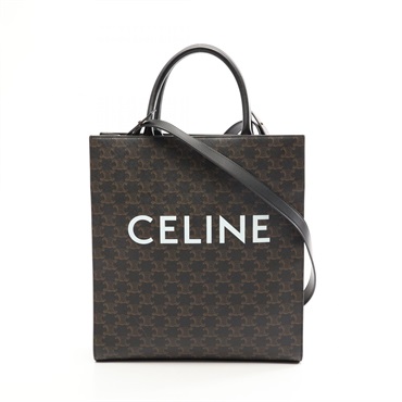 CELINE Medium Vertical Cabas Triomphe crossbody Tote Bag canvas leather BK Used