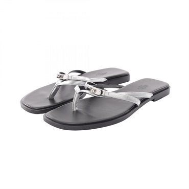 HERMES Miss Flat Flip flops Sandals Shoes #38 leather Silver Used Women
