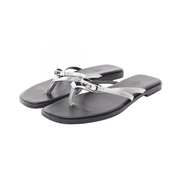 HERMES Miss Flat Flip flops Sandals Shoes #38 leather Silver Used Women
