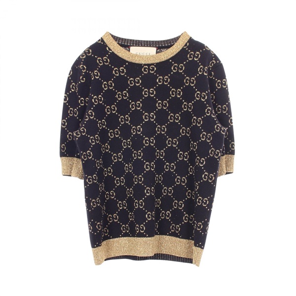 GUCCI GG Cotton Glittery Short Sleeve Knitwear 526759 cotton Navy Gold Used #XS