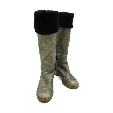 CHANEL long boots shoes leather Gray Used mouton