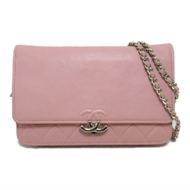 CHANEL Chain wallet Shoulder Bag purse Calfskin leather SHW Pink Used