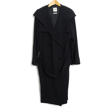 HERMES Trench long coat belt #38 wool Black Used