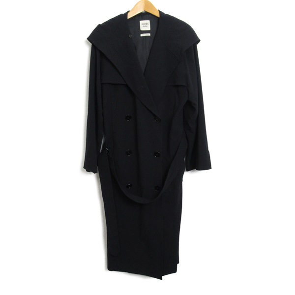 HERMES Trench long coat belt #38 wool Black Used