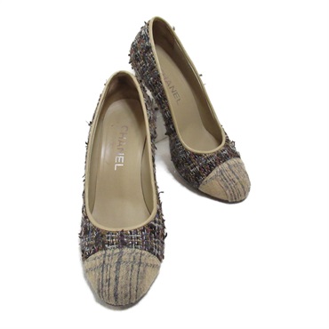 CHANEL Tweed bag logo pumps shoes heel G34150 canvas Black Used Women size 37