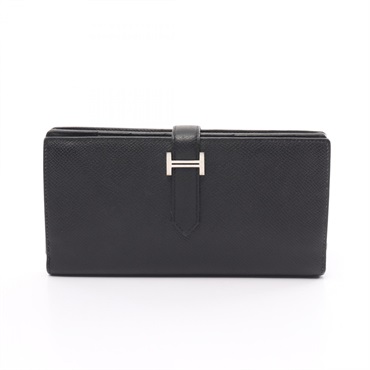 HERMES Bean Soufflet Bifold long wallet D Epsom leather Black Used Women SHW