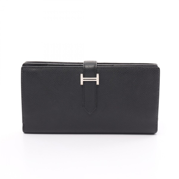 HERMES Bean Soufflet Bifold long wallet D Epsom leather Black Used Women SHW