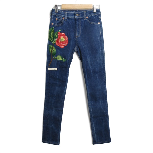 GUCCI Denim Slim Pants with floral embroidery #23 470225 cotton Blue Used Women