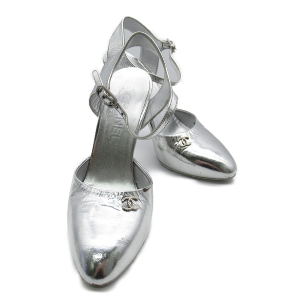 CHANEL shoes pumps heel enamel Silver Used Women size  36 1/2