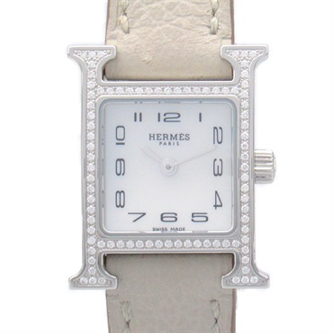 HERMES H Watch Mini Diamond Bezel Wrist Watch HH1.131 Quartz SS Used Women