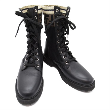 FENDI Knit Boots leather canvas Black Used Women #35