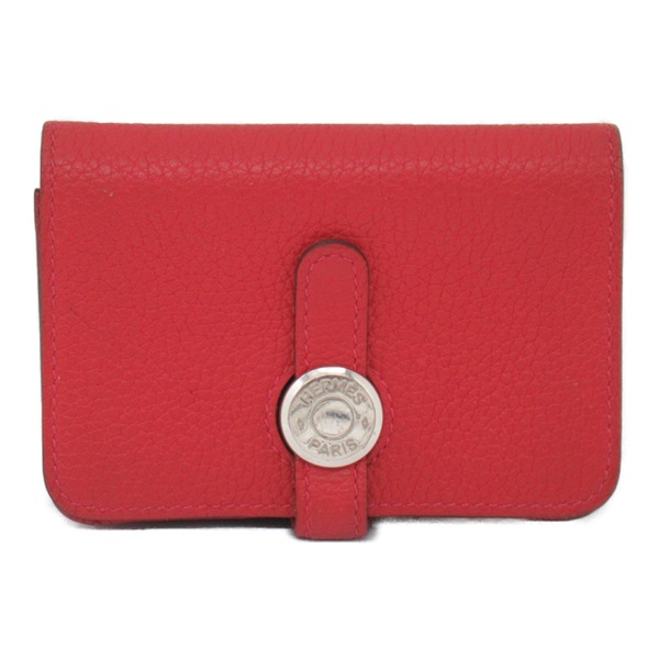 HERMES Dogon Card Case Red grance Togo leather Used Women SHW X