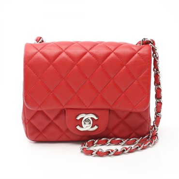 CHANEL CC Mini Matelasse Chain Shoulder Bag lamb Leather Red Used Women Coco