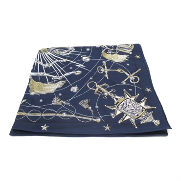 HERMES Carre70 Chorus Stellarum Embroidered Scarf silk Blue white Used Women
