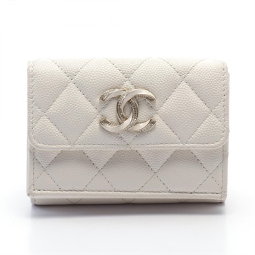 CHANEL COCO Mark Tri-fold wallet Caviar skin leather White Used Women GHW