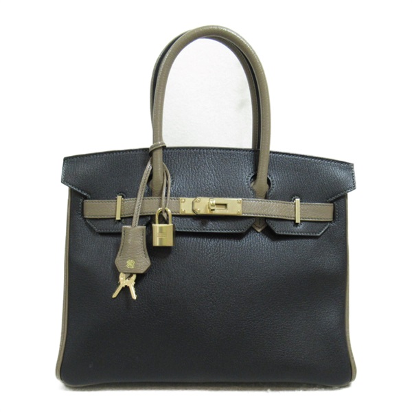 HERMES Birkin 30 Black Etoupe Grey Handbag Chevre leather Used Women B