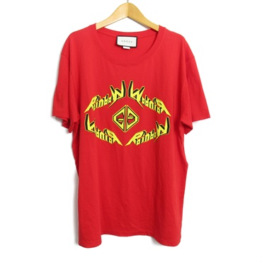 GUCCI Short sleeve T-shirt Tops 493117 cotton Red yellow Used mens size M logo