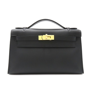 HERMES Pochette Kelly Handbag leather Black Used Women B GHW
