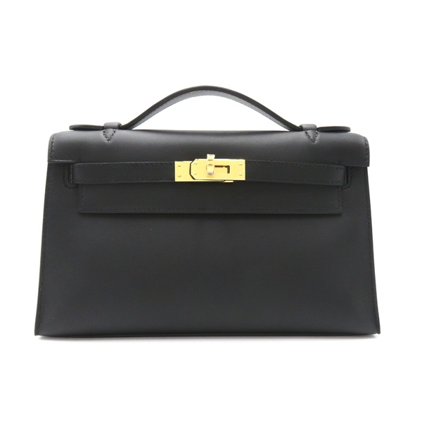 HERMES Pochette Kelly Handbag leather Black Used Women B GHW