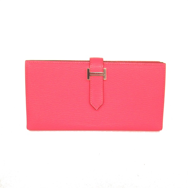 HERMES Bearn soufflet long wallet Chevre myzore goatskin leather Pink Used C SHW