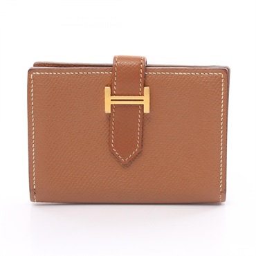 HERMES Bearn Mini Card Case holder C Epsom leather Brown Gold GHW Used