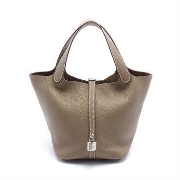 HERMES Picotin Lock MM Hand bag W Taurillon Clemence SHW Etoupe Gray Used