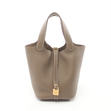 HERMES Picotin Lock PM Hand bag W Taurillon Clemence Etoupe Grey Brown GHW