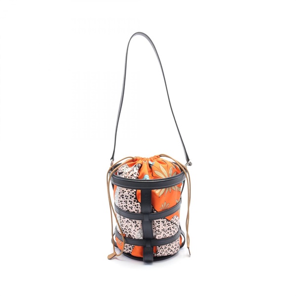 HERMES Muzaldine Shoulder drawstring Bag X Epsom silk Black Orange SHW Used