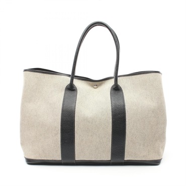 HERMES Garden party GM Tote shoulder Bag F Toile H leather SHW gray balck