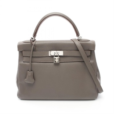 HERMES Kelly 32 2way shoulder Hand bag Q Taurillon Clemence Brown Etain SHW