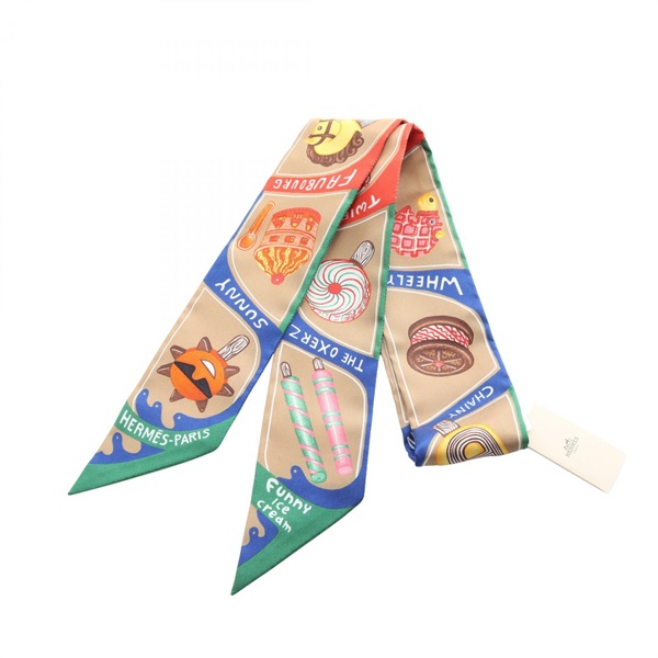 HERMES Twilly FUNNY ICE CREA Ribbon Scarf silk Beige Multicolor Used Women